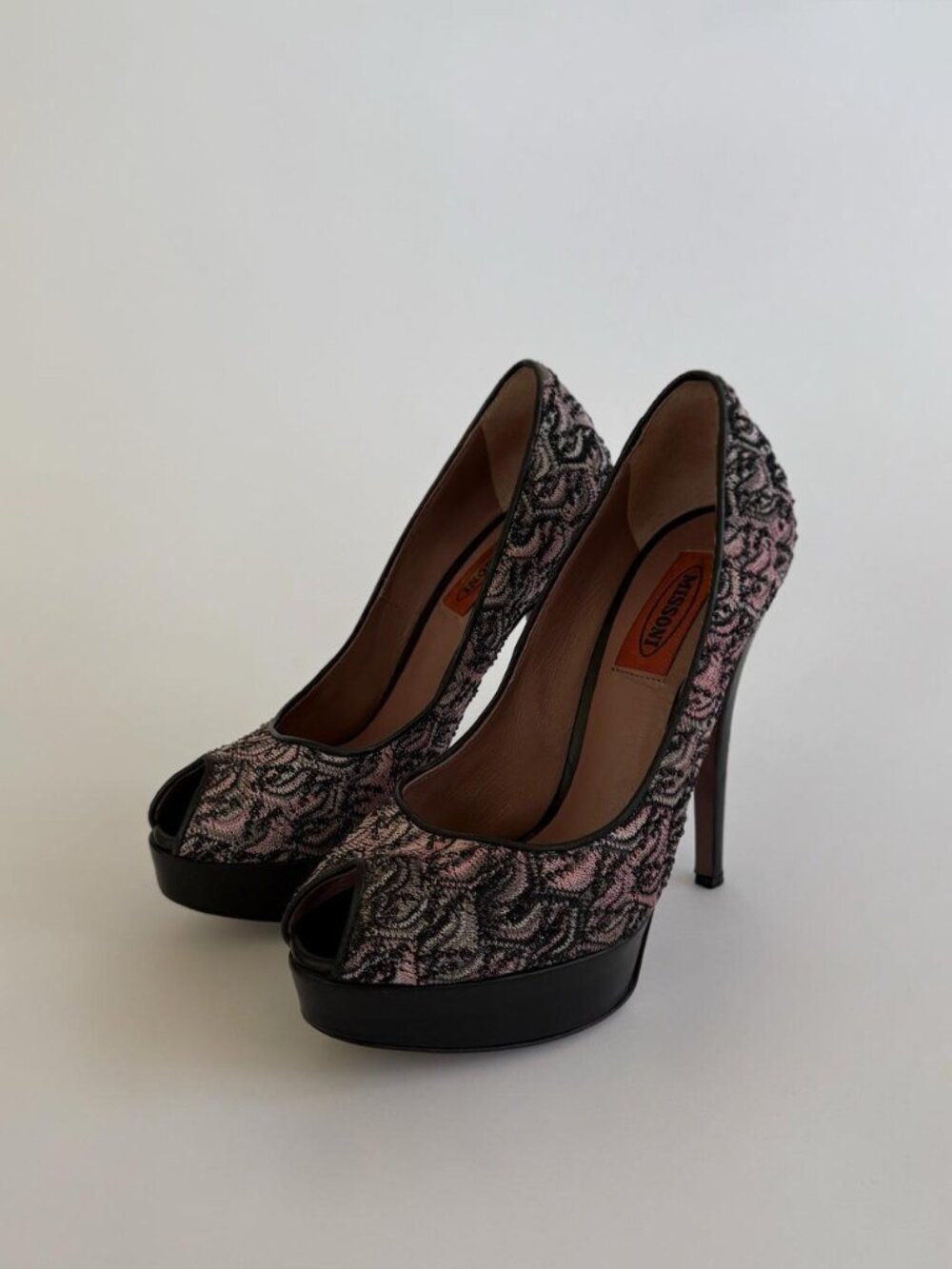 Missoni Vintage Early 2000s Archival Pink & Black Paisley Peep Toe Platform Pump
